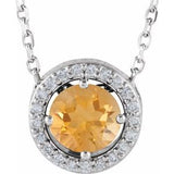 Collier de style halo en or 14 carats avec citrine blanche naturelle et diamants naturels (0,05 carat au total), 40,6 cm (16 pouces).
