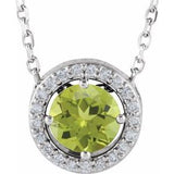 Collier de style halo en platine, péridot naturel et diamants naturels (0,05 carat au total), 40,6 cm (16 pouces).