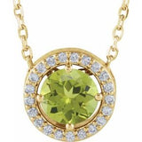 Collier de style halo en or 14 carats avec péridot naturel jaune et diamants naturels (0,05 carat au total), 40,6 cm (16 pouces).
