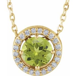 Collier de style halo en or 14 carats avec péridot naturel jaune et diamants naturels (0,05 carat au total), 40,6 cm (16 pouces).