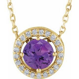Collier de style halo en or 14 carats avec améthyste jaune naturelle et diamants naturels (0,05 carat au total), 40,6 cm (16 pouces).