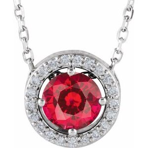 Collier de style halo de 40 cm (16 pouces) en or 14 carats, orné d'un rubis blanc de laboratoire et de diamants naturels (0,05 carat au total).
