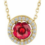 Collier de style halo de 40 cm (16 pouces) en or 14 carats, orné d'un rubis jaune de laboratoire et de diamants naturels (0,05 carat au total).