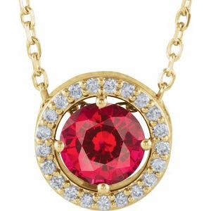 Collier de style halo de 40 cm (16 pouces) en or 14 carats, orné d'un rubis jaune de laboratoire et de diamants naturels (0,05 carat au total).