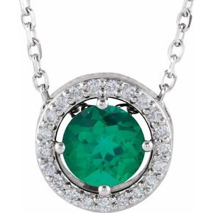 Collier de style halo en argent sterling, 40 cm (16 pouces), orné d'une émeraude de laboratoire et de diamants naturels (0,05 carat au total).