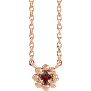 Collier pour jeune fille de 40 cm (16 pouces) en or rose 14 carats et grenat naturel du Mozambique.