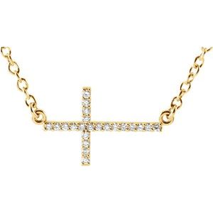 Collier croix latérale en or jaune 14 carats serti de diamants naturels (0,10 carat au total), 40-45 cm (16-18 pouces).