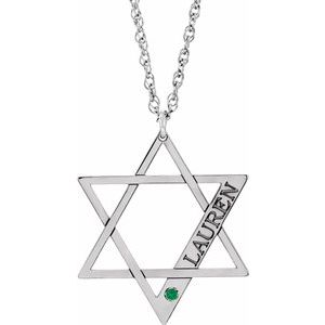 Collier personnalisé en or 10 carats blanc avec émeraude d'imitation et étoile de David, 45,7 cm (18 pouces).