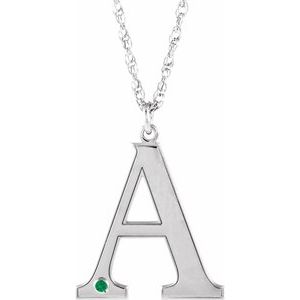 Collier en argent sterling rhodié avec initiale A en émeraude d'imitation gravable, 45,7 cm (18 pouces).