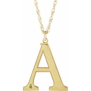Collier en argent sterling plaqué or jaune 14 carats avec initiale A en péridot d'imitation gravable (45,7 cm)