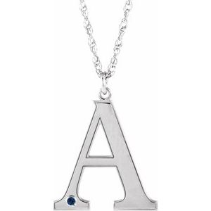 Collier en or blanc 10 carats avec initiale A en saphir bleu d'imitation gravable, 45,7 cm (18 pouces).