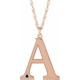 Collier en or rose 14 carats avec saphir bleu d'imitation gravable, initiale A, 45,7 cm (18 pouces).