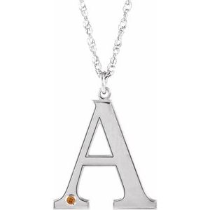 Collier en argent sterling rhodié avec initiale A en citrine imitation gravable, 45,7 cm (18 pouces).
