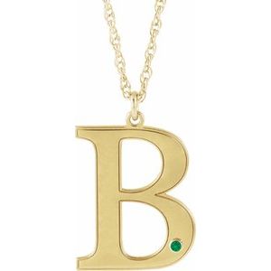 Collier en or jaune 14 carats avec émeraude d'imitation gravable initiale B, 45,7 cm (18 pouces).