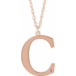 Collier en or rose 14 carats avec initiale C en tourmaline rose d'imitation gravable, 45,7 cm (18 pouces).