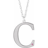 Collier 18 pouces en or blanc 14 carats avec initiale C en tourmaline rose d'imitation gravable et 18 carats