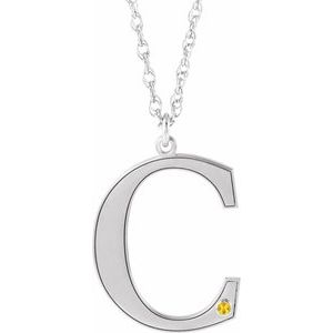 Collier en argent sterling rhodié avec initiale C en citrine imitation gravable, 45,7 cm (18 pouces).