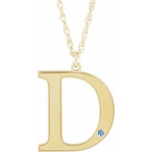Collier en or jaune 10 carats avec initiale D en imitation aigue-marine gravable, 45,7 cm (18 pouces).
