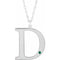 Collier 18 pouces en or blanc 10 carats avec émeraude d'imitation personnalisable et initiale D, serti sur une émeraude d'imitation, gravable.