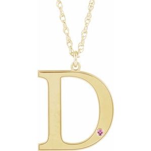 Collier en or jaune 10 carats avec initiale D en tourmaline rose d'imitation gravable, 45,7 cm (18 pouces).