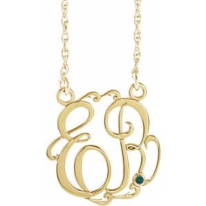 Collier en argent sterling plaqué or jaune 14 carats, monogramme calligraphié imitation alexandrite de 20 mm avec deux initiales, 45,7 cm (18 pouces).
