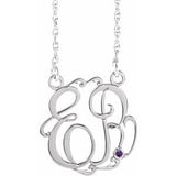 Collier monogramme en argent sterling rhodié, 20 mm, imitation améthyste, écriture cursive, 45,7 cm (18 pouces), avec deux initiales.