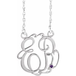 Collier monogramme en argent sterling rhodié, 20 mm, imitation améthyste, écriture cursive, 45,7 cm (18 pouces), avec deux initiales.