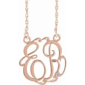 Collier monogramme 18 pouces (45,7 cm) en or rose 14 carats, diamants naturels de 0,02 carat, 2 initiales, 20 mm de longueur, 20 mm de diamètre.