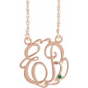 Collier monogramme imitation émeraude en or rose 14 carats, 20 mm, initiales (45,7 cm), 45,7 cm