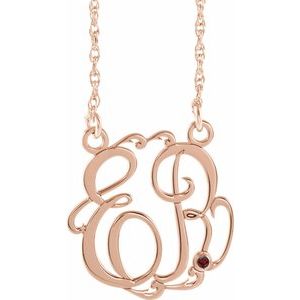 Collier en argent sterling plaqué or rose 14 carats, monogramme 2 initiales, grenat imitation Mozambique, 20 mm, 45,7 cm (18 pouces).