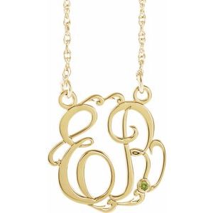 Collier en argent sterling plaqué or jaune 14 carats, monogramme 2 initiales, imitation péridot, 20 mm, 45,7 cm (18 pouces).