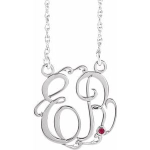 Collier monogramme en or blanc 10 carats, imitation rubis, 20 mm, initiales, 45,7 cm (18 pouces), 45,7 cm (18 pouces).