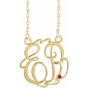 Collier monogramme en or jaune 10 carats, imitation rubis, 20 mm, initiales (45,7 cm), 45,7 cm