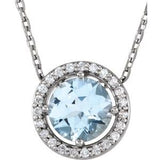 Collier de style halo en or 14 carats avec aigue-marine blanche naturelle et diamants naturels (0,05 carat au total), 40,6 cm (16 pouces).