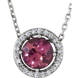 Collier en argent sterling, tourmaline rose naturelle et diamants naturels (0,05 carat au total), style halo, 40,6 cm (16 pouces).