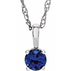 Collier solitaire jeune en or blanc 14 carats avec saphir bleu naturel de 3 mm et saphir bleu de 3 mm, 35,5 cm (14 pouces).