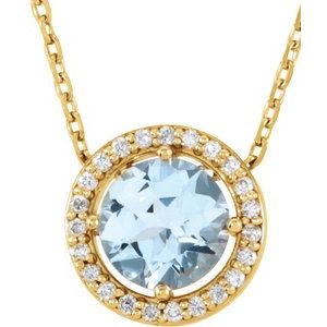Collier de 40 cm (16 pouces) en or jaune 14 carats, serti d'une aigue-marine naturelle et de diamants naturels (0,06 carat au total), serti semi-halo.