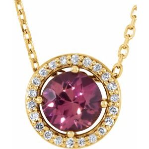 Collier de style halo en or jaune 14 carats, tourmaline rose naturelle et diamants naturels (0,05 carat au total), 40,6 cm (16 pouces).