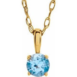 Collier solitaire jeune en or jaune 14 carats avec zircon bleu imitation de 3 mm, 35,5 cm (14 pouces).