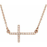 Collier croix latérale en or rose 14 carats serti de diamants naturels (0,10 carat au total), 40-45 cm (16-18 pouces).