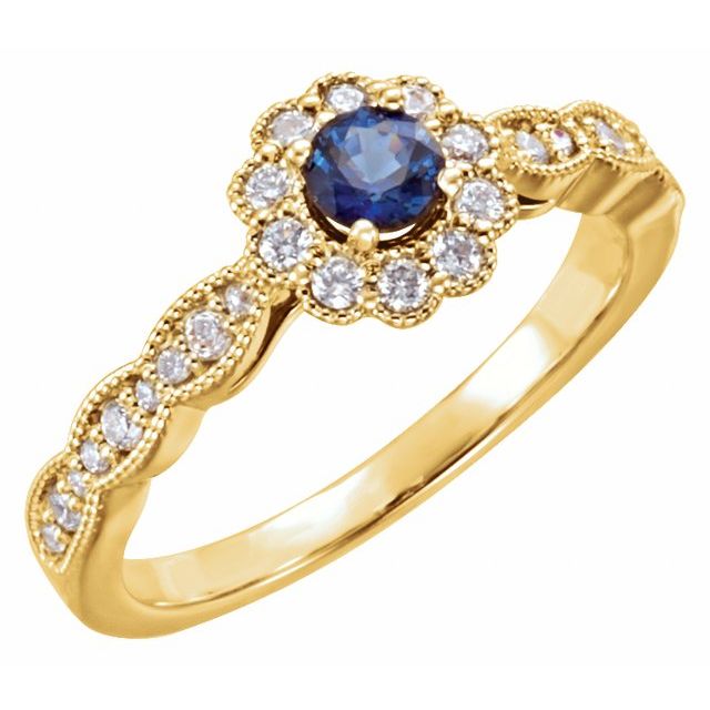 Bague en or jaune 14 carats sertie d'un saphir bleu naturel rond (0,25 carat au total) et de diamants naturels (style halo).