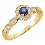 Bague en or jaune 14 carats sertie d'un saphir bleu naturel rond (0,25 carat au total) et de diamants naturels (style halo).