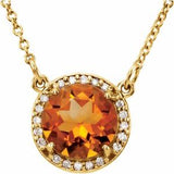 Collier de 40 cm (16 pouces) en or jaune 14 carats, orné d'une citrine naturelle de 8 mm et de diamants naturels (0,05 carat au total).