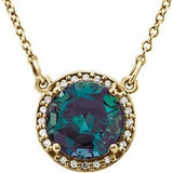 Collier de 40 cm (16 pouces) en or jaune 14 carats, orné d'une alexandrite de laboratoire de 8 mm et de diamants naturels (0,05 carat au total).