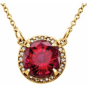 Collier de 40 cm (16 pouces) en or jaune 14 carats, orné d'un rubis de laboratoire de 8 mm et de diamants naturels (0,05 carat au total).