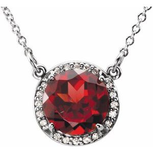 Collier en or blanc 14 carats, serti d'un grenat naturel du Mozambique de 8 mm et de diamants naturels (0,05 carat au total), 40,6 cm (16 pouces).