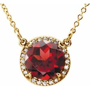 Collier de 40 cm (16 pouces) en or jaune 14 carats, serti d'un grenat naturel du Mozambique de 8 mm et de diamants naturels (0,05 carat au total).