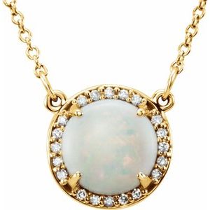 Collier en or jaune 14 carats, opale blanche naturelle de 8 mm et diamants naturels (0,05 carat au total), 40,6 cm (16 pouces).