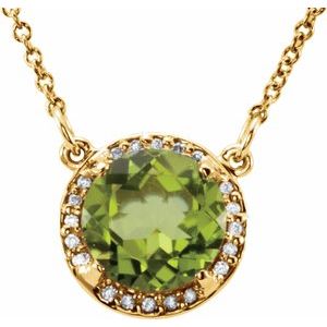 Collier de 40 cm (16 pouces) en or jaune 14 carats, orné d'un péridot naturel de 8 mm et de diamants naturels (0,05 carat au total).
