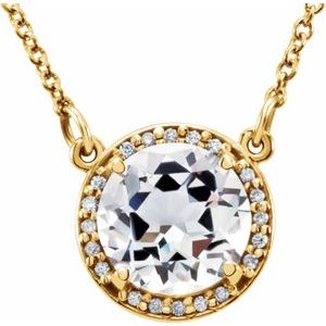 Collier de 40 cm (16 pouces) en or jaune 14 carats, topaze blanche ronde de 8 mm et diamants (0,05 carat au total).